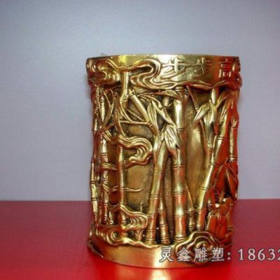 笔筒铜雕，鎏金铜笔筒 (2)_看图王