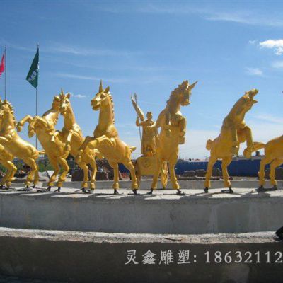 玻璃钢仿铜战马雕塑，玻璃钢太阳神阿波罗战车